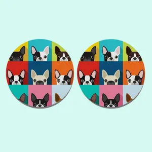 Set di sottobicchieri rotondi per auto con stampa di cani, design a griglia colorata, antiscivolo.