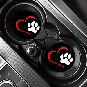 Universele auto bekerhouder onderzetters met rood hart en pootafdruk, antislip interieur.