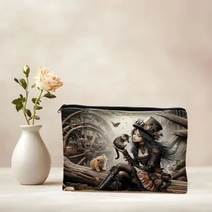 Steampunk girl cat pattern cosmetic bag digital print polyester portable storage pouch detail.
