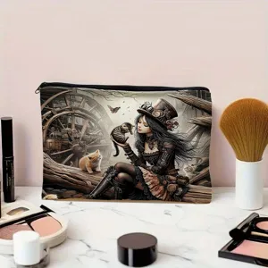 Detailed view of cosmetic bag with steampunk anime illustration, convenient storage solution.