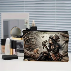 Detailed close-up view of steampunk style digital printed cosmetic storage pouch bag.