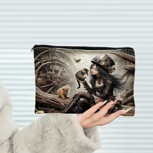 Steampunk cat girl print cosmetic bag, polyester zipper makeup pouch for travel and daily storage.