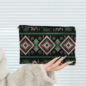 Trousse de maquillage géométrique ethnique avec fermeture éclair pour rangement et voyage.
