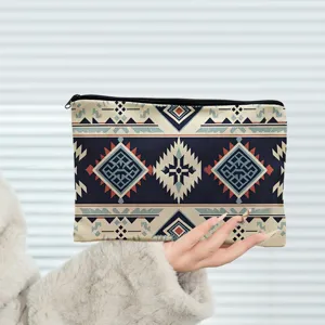 Sac de maquillage à imprimé géométrique ethnique, trousse zippée en toile pour cosmétiques.