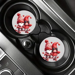 Silicone car cup holder coaster with cute gnome couple pattern, non-slip auto interior accessory.
