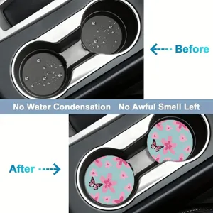 Absorbent car cup coasters with cute pink floral and butterfly design for auto interior