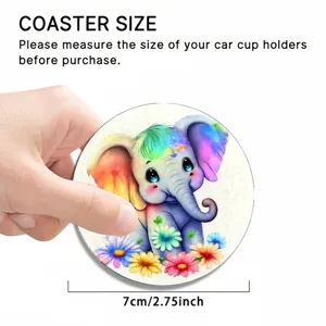 Cute cartoon elephant car coaster with colorful flower design, anti-slip silicone material.