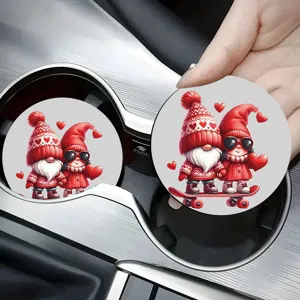 Cute Christmas gnome car cup coaster set, non-slip silicone auto drink holder insert.