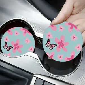 Cute butterfly floral car cup coasters set, absorbent non-slip round auto drink coaster.