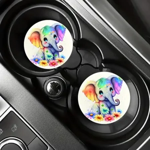 Detail view of cute watercolor cartoon elephant car coasters nicely placed in cup holder.