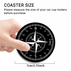 Car cup holder coaster, black compass pattern round anti-slip mat 7cm automotive accessory.