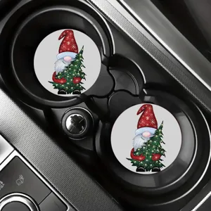 Silicone car cup holder coasters with cute Christmas gnome and tree design, non-slip mat.
