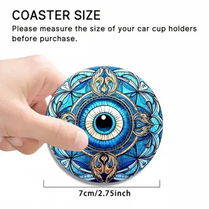 Details of the anti-slip evil eye car cup coaster showing size and 7cm diameter spec.