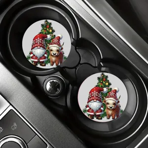 Weihnachtliche Auto Tassenuntersetzer Set mit süßem Zwerg und Hochlandrind Design für Deko.