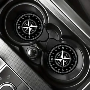 Black and white compass car cup coasters absorbent non-slip round auto interior mat set