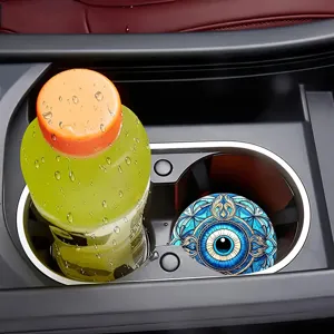 Non-slip car cup coaster with blue eye mandala pattern, durable silicone auto drink holder mat.