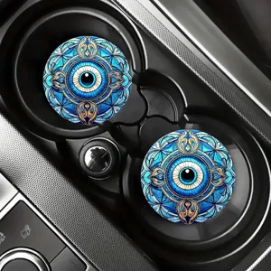 Car coaster set, blue evil eye mandala design, silicone anti-slip automotive cup holder mat.