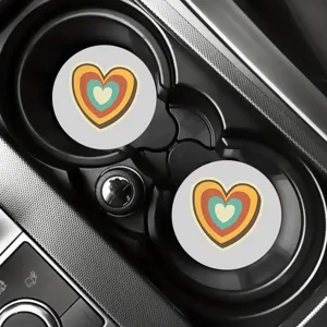 Retro heart silicone car coaster set, absorbent non-slip cup holder mat detail view.
