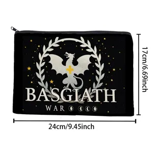 Black canvas pencil case with Basgiath War dragon print, portable zipper makeup pouch for students.