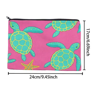 Canvas cosmetic storage bag with cute sea turtle pattern, ideal for daily travel use.