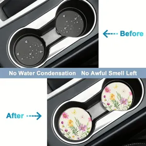 Non-slip absorbent car cup coasters with floral pattern, keep vehicle cup holders clean and dry.