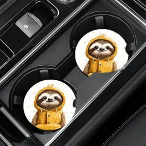 Round car cup coasters with cute cartoon sloth in yellow raincoat, anti-slip and heat resistant.