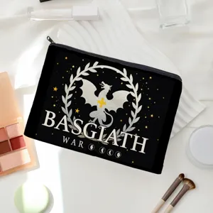 Close-up of a black canvas cosmetic bag with dragon graphic and Basgiath War typography.