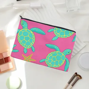 Pink sea turtle pattern canvas makeup pouch zipper travel cosmetic bag for women.