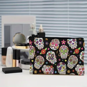 Halloween sugar skull cosmetic bag, waterproof linen travel storage pouch and cute makeup organizer.