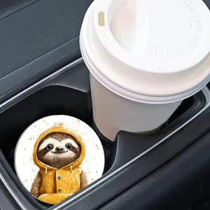 Cute cartoon sloth car coaster detail view, anti-slip silicone cup holder mat for auto interior.