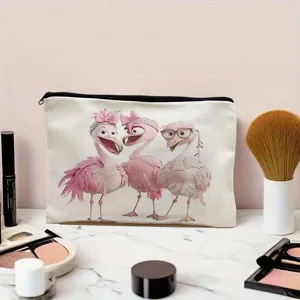 Canvas cosmetic bag with cute flamingo print, large capacity zipper makeup pouch for women and girls.