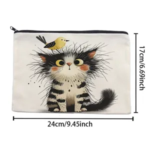 Cute cat print canvas cosmetic bag zipper pouch detail, durable material and compact daily size.