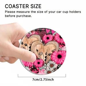 Round car cup coaster detail view showing floral heart print and 7cm compact size design.