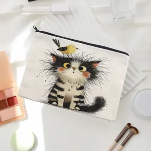 Cute cat print canvas cosmetic bag travel makeup pouch zipper pencil case daily organizer bag