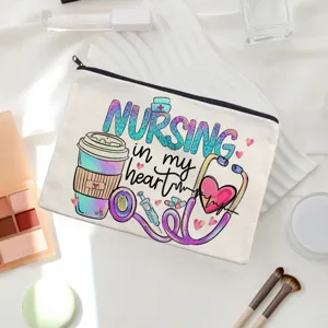 Portable canvas cosmetic bag with cute nursing theme print, ideal travel makeup pouch and pen case.