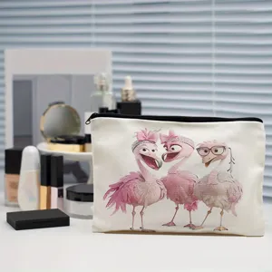 Canvas zipper makeup bag featuring a cute quirky flamingo print, ideal for travel and daily storage.