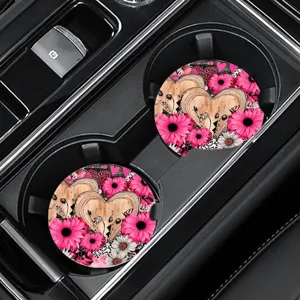 Round car cup coaster anti-slip silicone drink holder insert pink floral heart mat