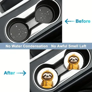 Cute sloth car cup holder coaster detail showing before and after effect, anti-slip and waterproof.