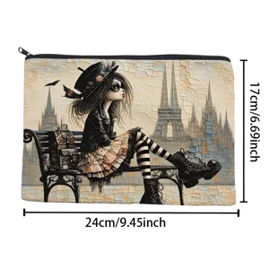 Vintage gothic girl print cotton linen makeup bag zip storage pouch coin purse 24x17cm