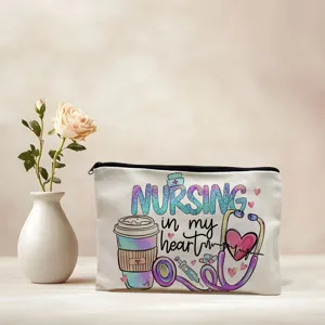 Canvas cosmetic bag with cute nurse theme print, portable makeup pouch for daily storage.
