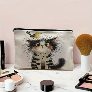 Canvas cosmetic bag with cute cat print, zipper closure, perfect travel makeup pouch and pencil case.