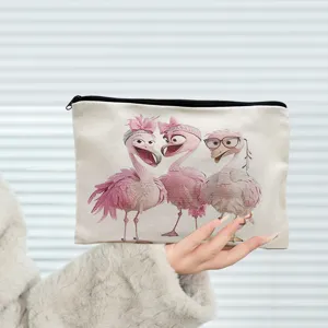 Canvas makeup bag with cute flamingo print, portable zipper pouch for travel and daily use.