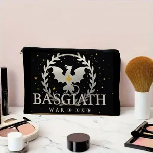 Detailed view of black canvas cosmetic bag with dragon print, portable makeup pouch for daily use.
