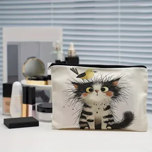 Canvas makeup bag cute fluffy cat print travel cosmetic zipper pouch large pencil case purse