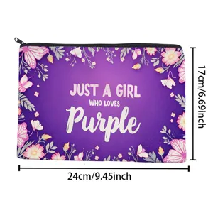 Purple floral canvas zipper makeup bag with inspirational quote for daily storage and travel use.