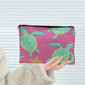 Cute sea turtle pattern zipper cosmetic bag, portable makeup pouch for travel and daily use.