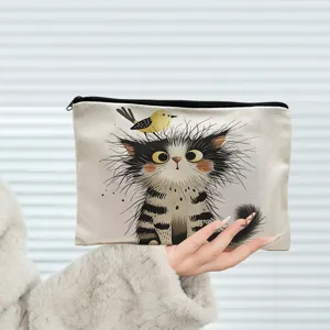 Canvas cosmetic bag cute cartoon cat print travel zipper pouch portable makeup bag storage