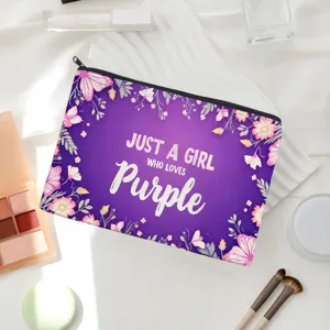 Purple floral zipper makeup bag, large capacity canvas toiletry pouch for women and girls.