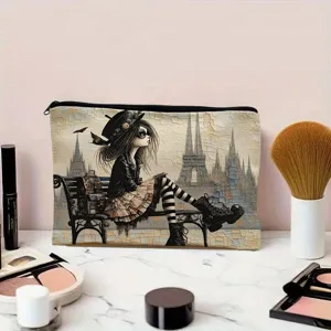 Canvas cosmetic bag with gothic girl illustration, waterproof linen makeup storage pouch.