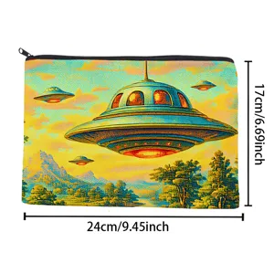 Retro UFO print canvas zipper pouch, ideal for makeup, pencils, and travel organization items.